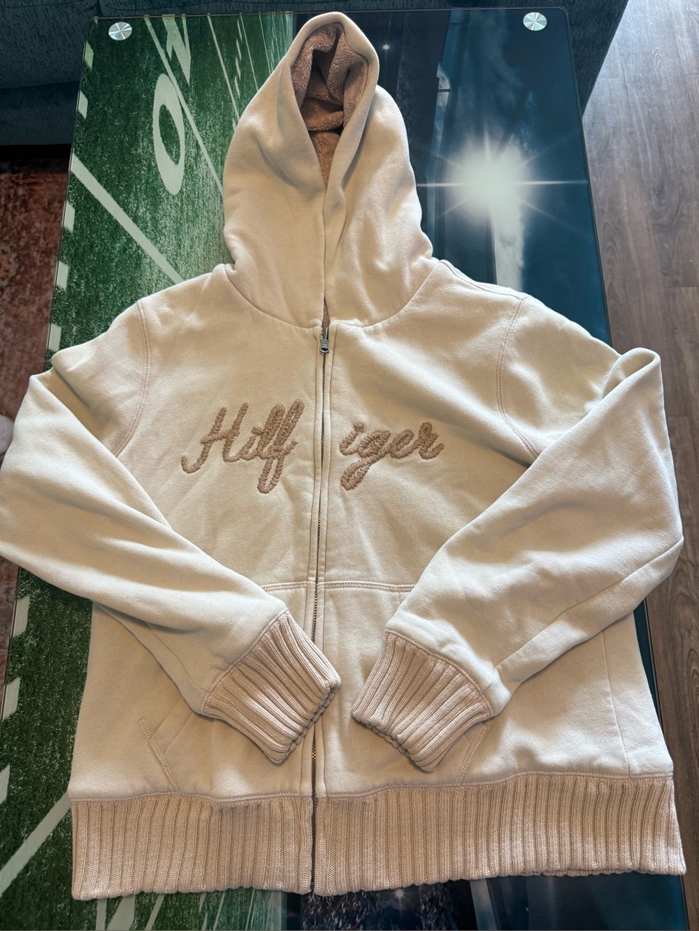 Tommy Hilfiger Women’s L Cream Sherpa Lined Full Zip Hoodie - Picture 1 of 6